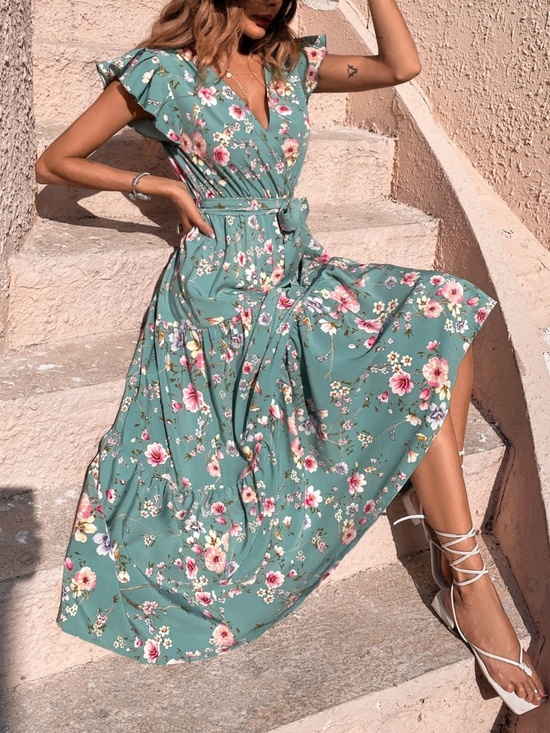 Dresses & Skirts - Boho Floral print V neck Ruffle cap sleeve maxi Dress